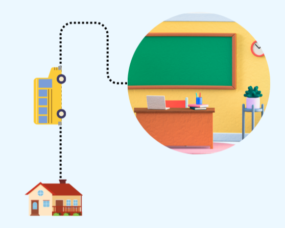 Illustrated school bus driving from house to classroom.