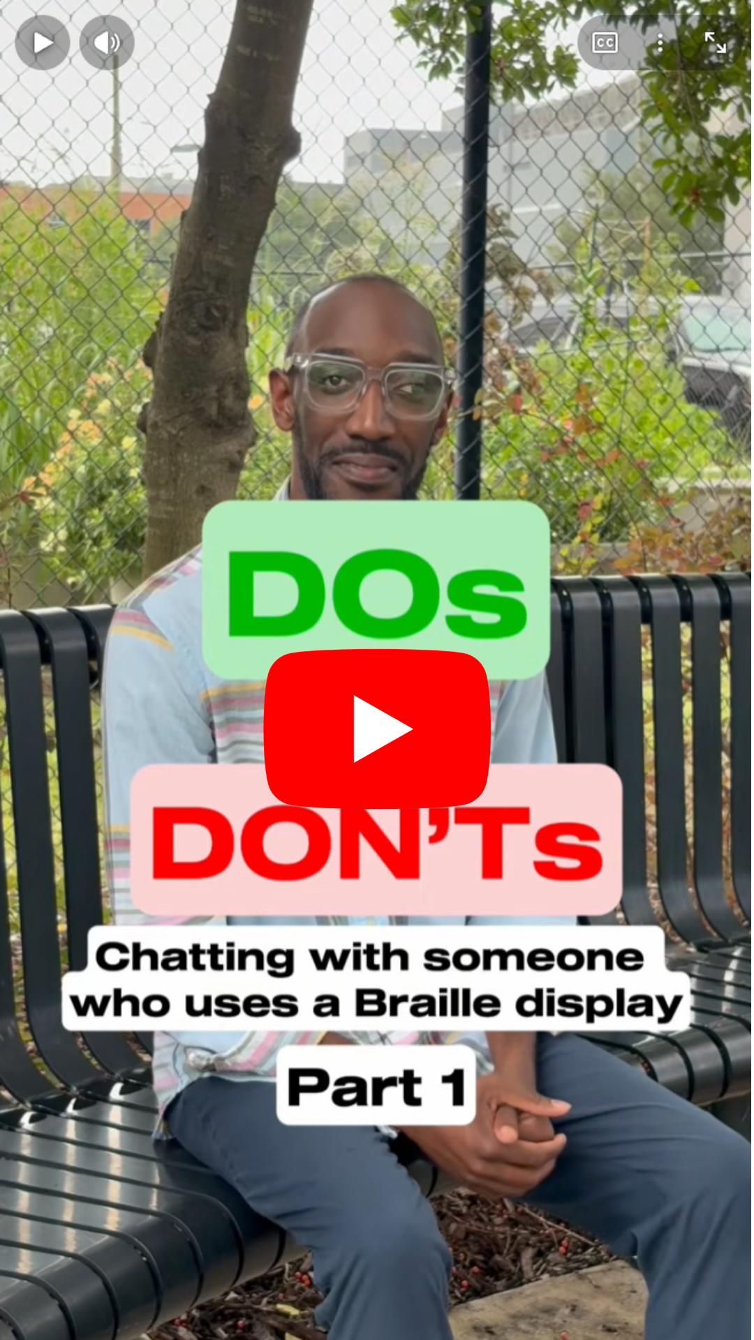 Will sitting on a bench. Text appears before him: DOS & DON'TS Chatting with someone who uses a Braille display Part 1