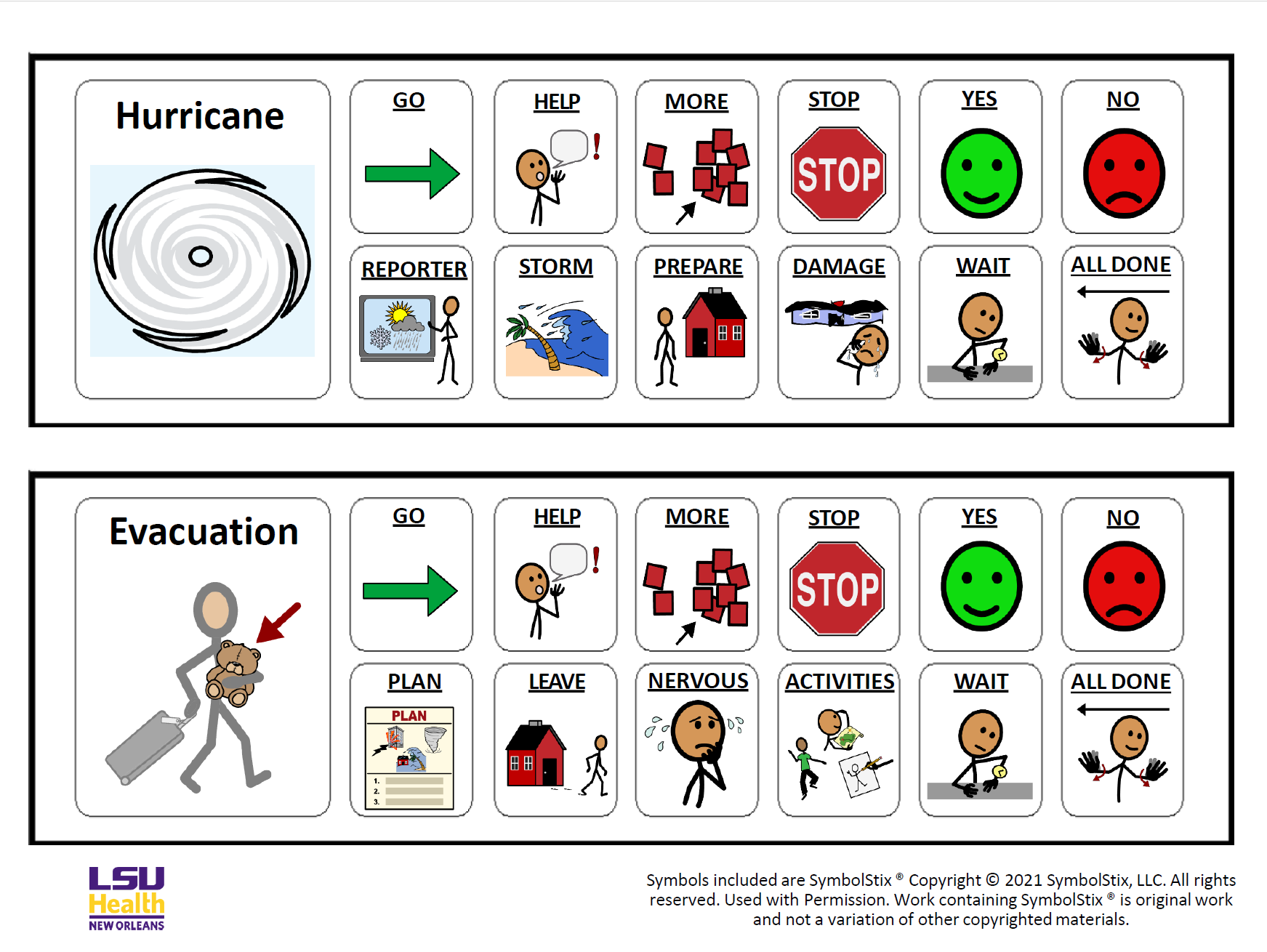 Hurricane and Evacuation Communicatio board with various words and their associated visual. 