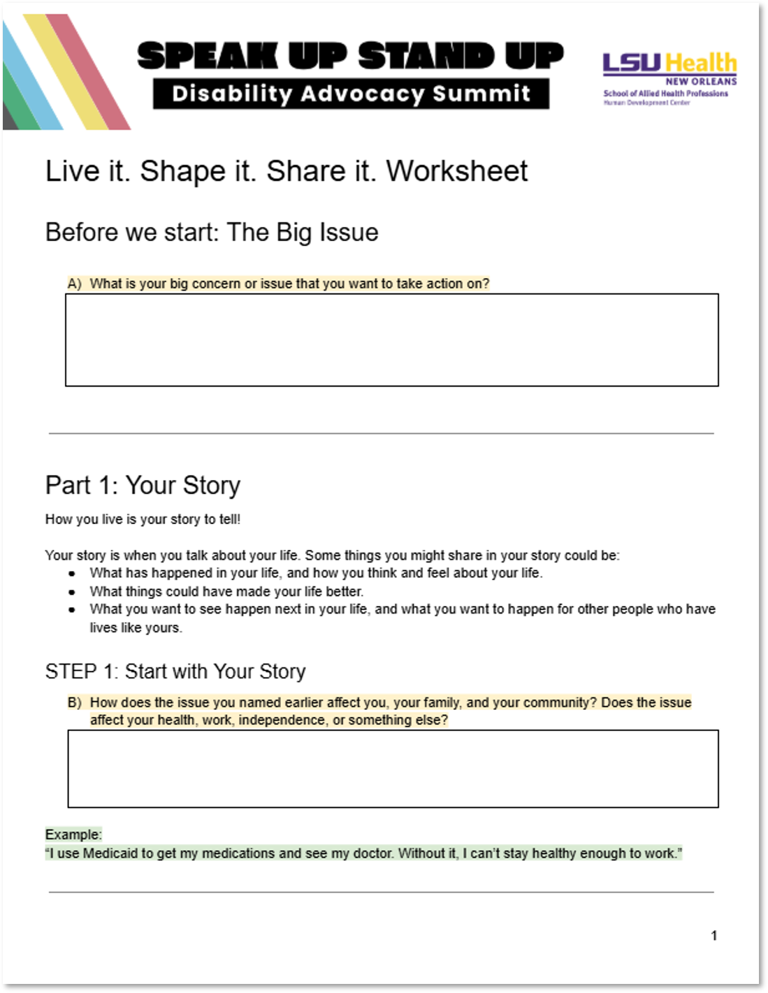 Live It Shape It Share It Worksheet showing fillable areas, like: "What is your big concern or issue that you want to take action on?" or "How does the issue you named earlier affect you, your family, and your community? Does the issue affect your health, work, independence, or something else?"