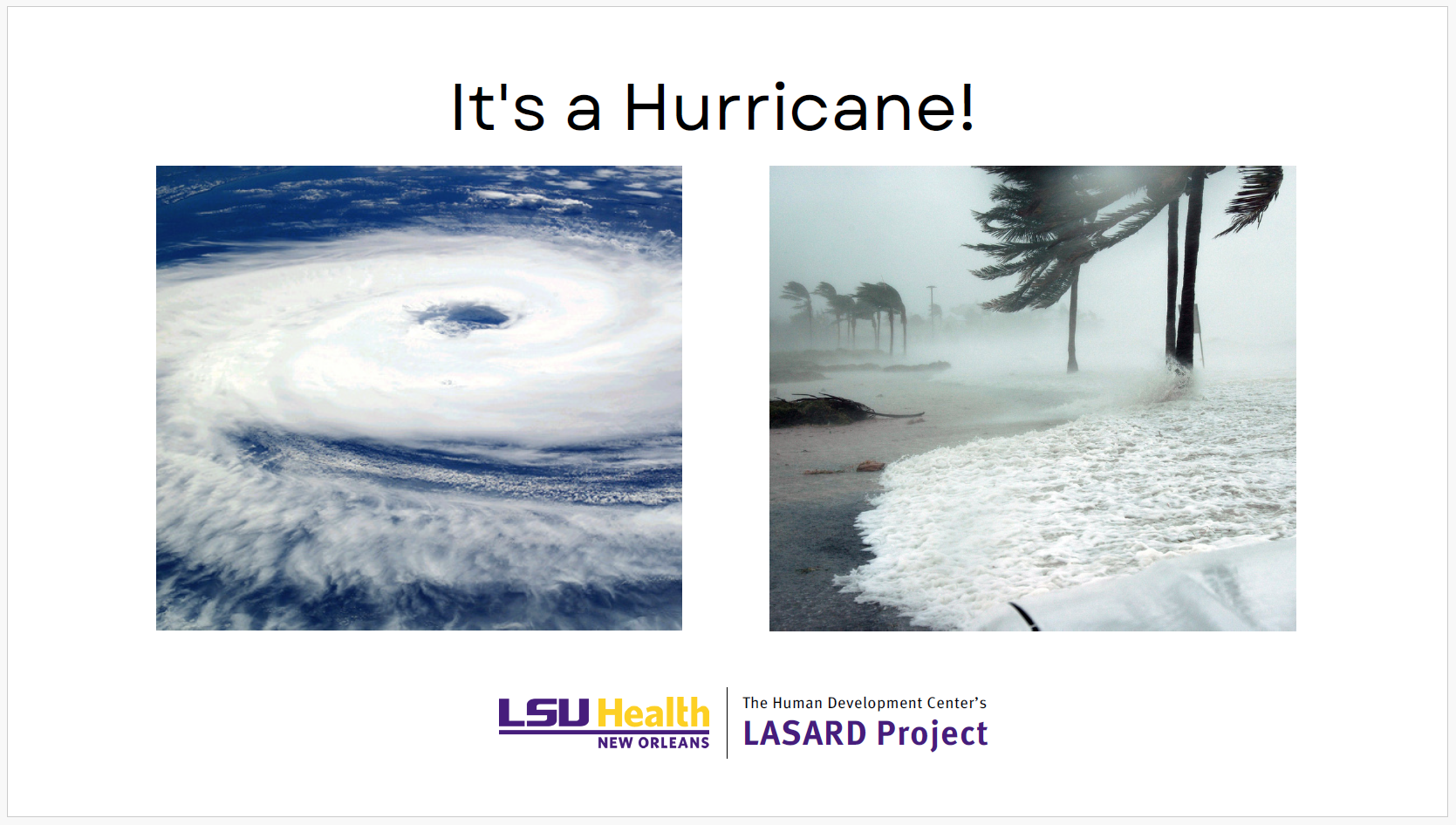 It's a Hurricane written above the aerial view of a hurricnae and heavy winds and rains blowing palm trees on a beach.