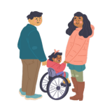 Woman and man on opposite sides holding hands of child in wheelchair
