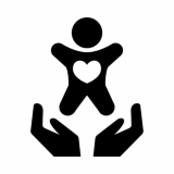 Hands holding up child with heart in center