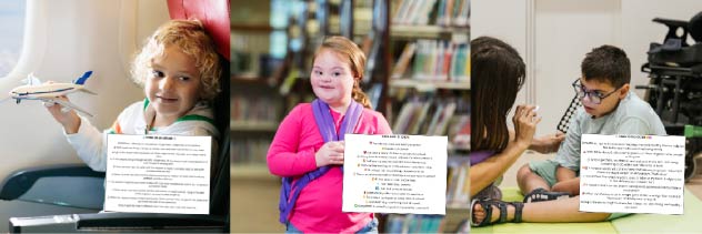 Left: Girl on airplane flying airplane; Center: Girl wearing purple backpack walking in school library; Right: Nurse taking care of boy sitting on floor