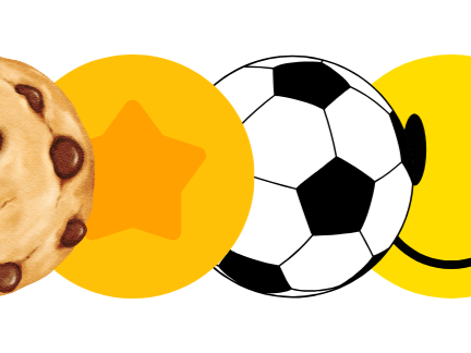 A cookie, golden token, soccer ball, and smiley face.