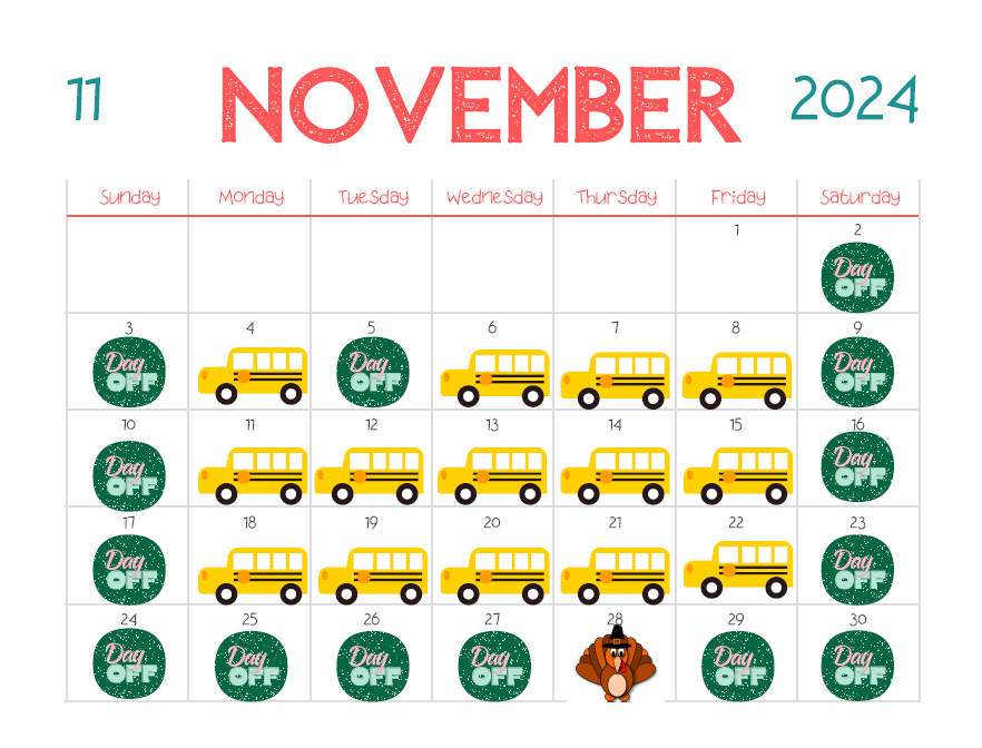 November 2024 calendar with school buses on school days monday-friday, &quot;Day-Off&quot; written on the weekend and thanksgiving break, and a turkey on Thanksgiving day.