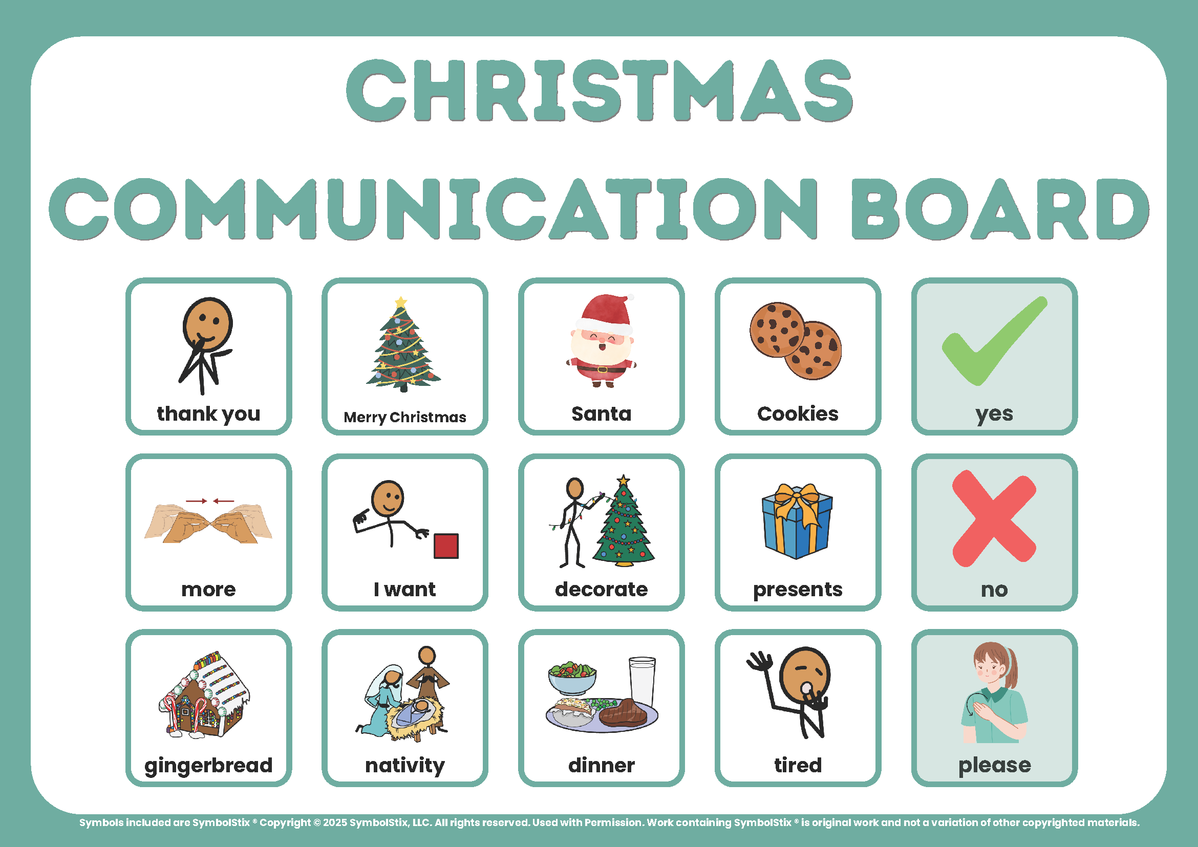 Christmas Communication Board showing various christmas themed words and pictures, like thank you, merry chirstmas, santa, cookies, i want, deocrate, presents, etc.