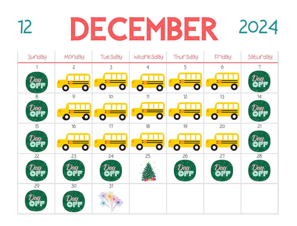 December 2024 calendar with school buses on school days monday-friday, "Day-Off" written on the weekend and christmas break, a christmas tree on christmas day, and fireworks on New Years Eve.