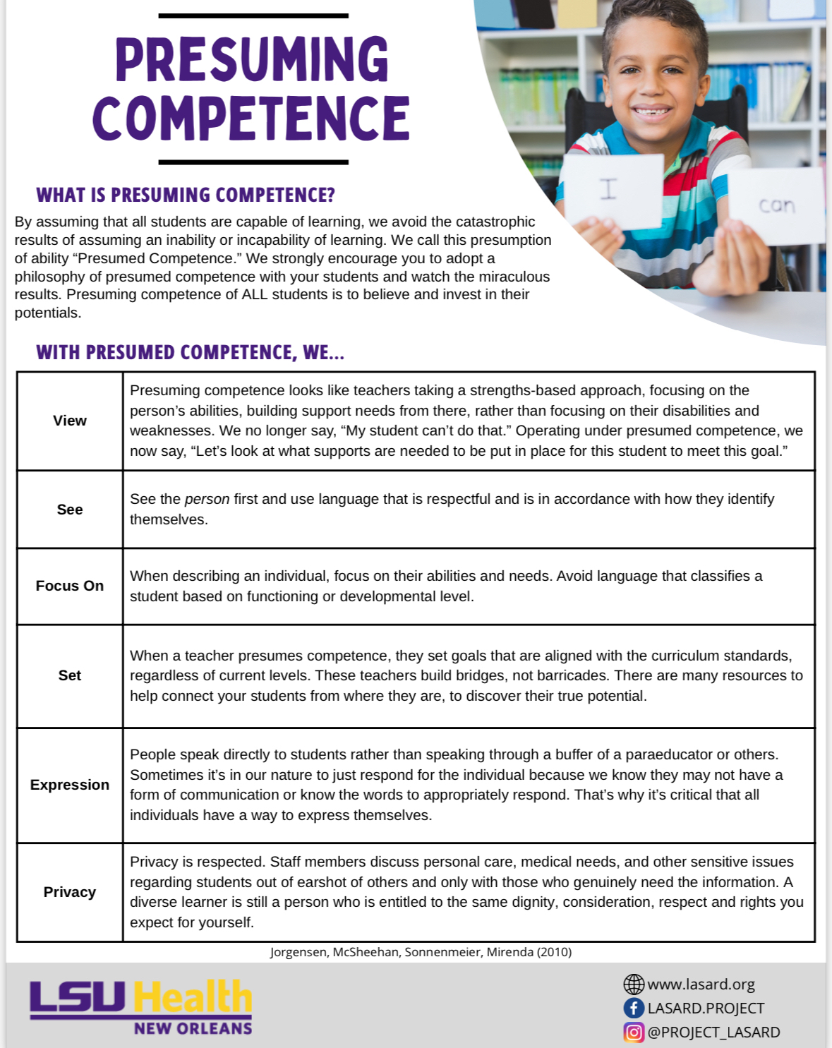 Presumed Competence Strategy Guide with an image of a young boy holding up flash cards that read " I Can"