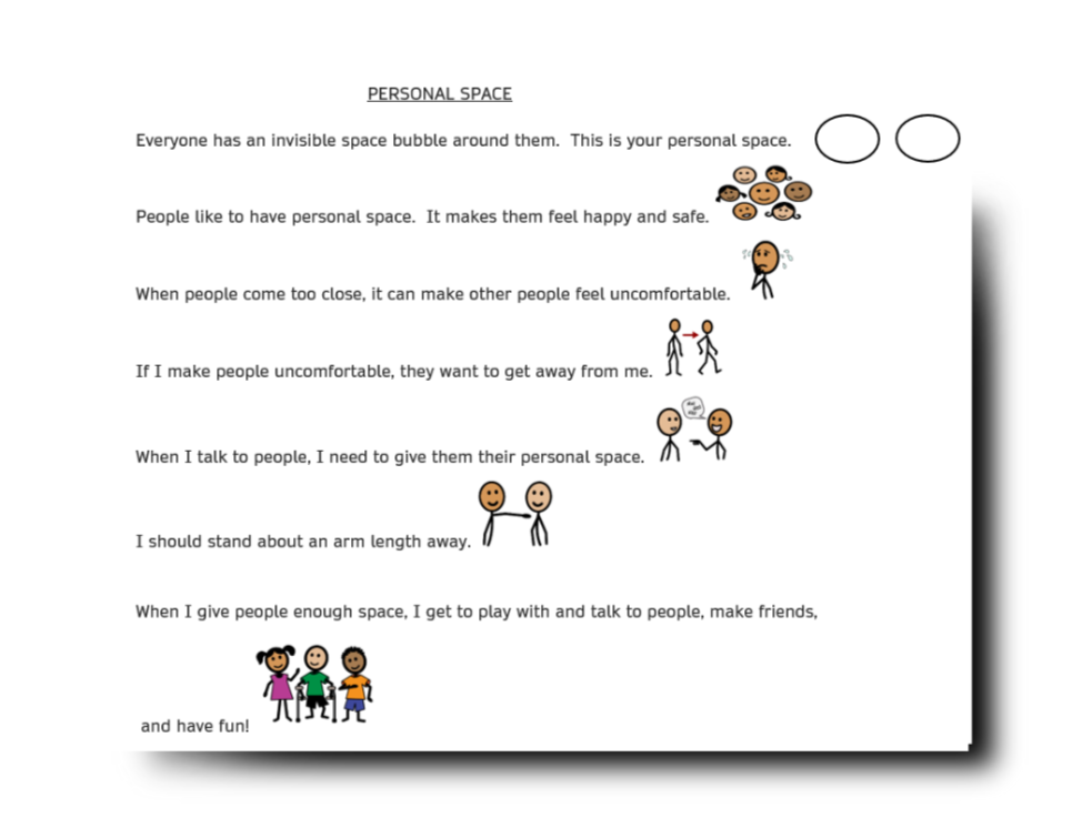 Social Narrative explaining personal space with illustrations depicting each sentence. 