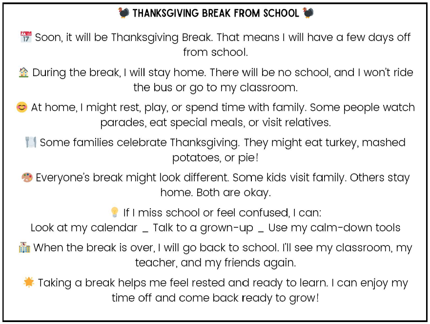 Document featuring a social narrative titled "Thanksgiving Break from School" with sentences and emojis. The first sentence reads: Soon, it will be Thanksgiving Break. That means I will have a few days off from school.