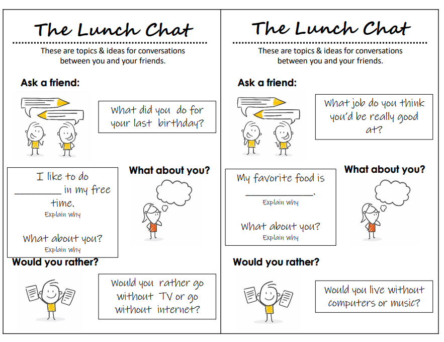 The Lunch Chat visual guide showing topics to ask a friends and how to respond.