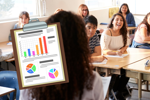 Clipboard showing data with image of high school classroom.