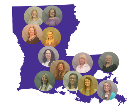 Purple shape of Louisiana with LASARD facilitators pictured across the state.